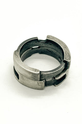 Shop Emerging Slow Fashion Avant-garde Jewellery Brand OSS Haus MSKRA Collection Silver Cyclone Duo Ring Set at Erebus