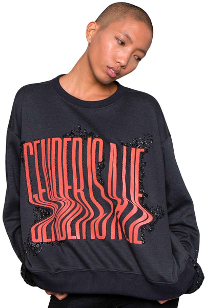 Shop Emerging Slow Fashion Genderless Alternative Avant-garde Designer Mark Baigent Wōlfin Collection Black with Salmon Print GIAL Deluxe Sweater at Erebus