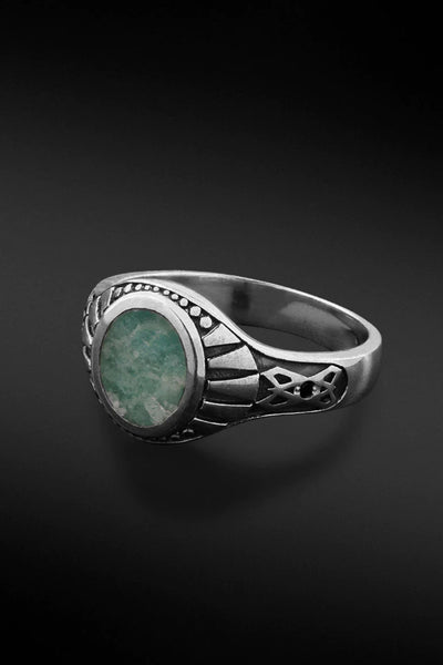 Shop Artisan Jewellery Brand Helios Sterling Silver and Amazonite Stone Gothic Ring at Erebus