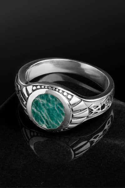 Shop Artisan Jewellery Brand Helios Sterling Silver and Malachite Stone Gothic Ring at Erebus