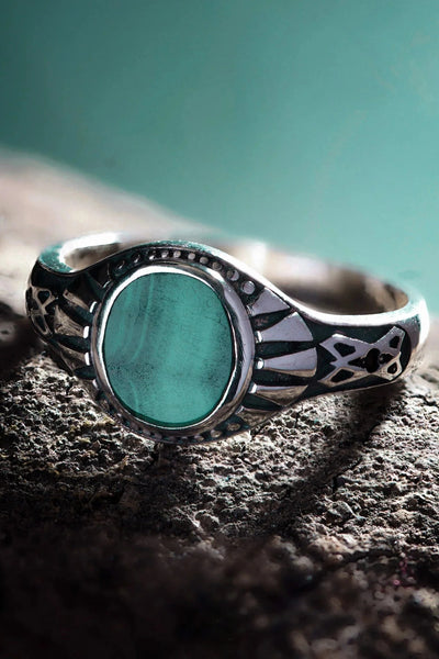 Shop Artisan Jewellery Brand Helios Sterling Silver and Malachite Stone Gothic Ring at Erebus