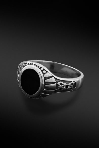 Shop Artisan Jewellery Brand Helios Sterling Silver and Onyx Stone Gothic Ring at Erebus