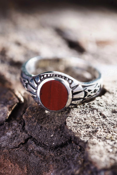 Shop Artisan Jewellery Brand Helios Sterling Silver and Red Jasper Stone Gothic Ring at Erebus