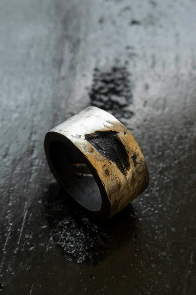 Shop Emerging Slow Fashion Avant-garde Jewellery Brand Surface Cast Blackened Bronze Hack Medium Ring at Erebus