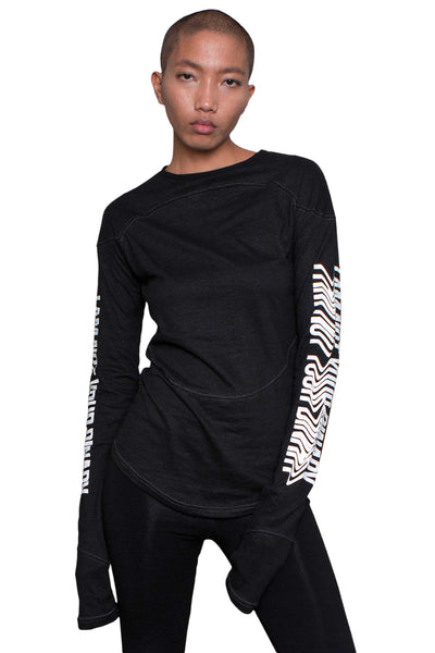 Shop Emerging Slow Fashion Genderless Alternative Avant-garde Designer Mark Baigent Wōlfin Collection Black with White Print HisHerTheir Long Sleeve T-Shirt at Erebus