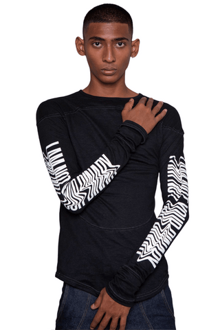 Shop Emerging Slow Fashion Genderless Alternative Avant-garde Designer Mark Baigent Wōlfin Collection Black with White Print HisHerTheir Long Sleeve T-Shirt at Erebus
