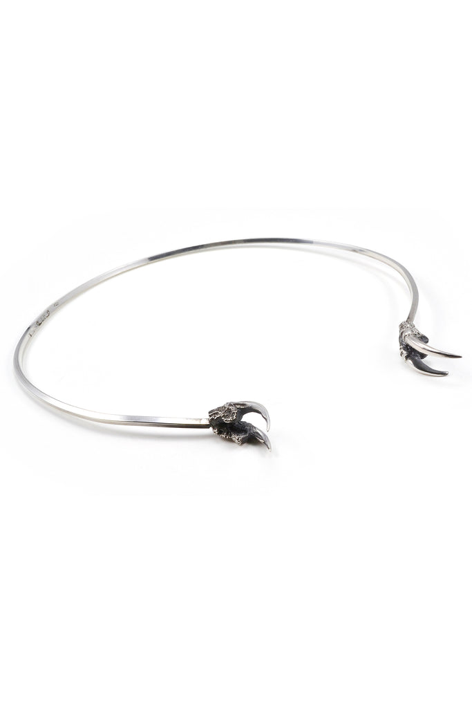 Shop emerging slow fashion jewellery brand Eilisain Hunted II Double Owl Talon Torc Silver Necklace - Erebus
