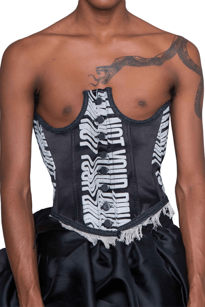 Shop Emerging Slow Fashion Genderless Alternative Avant-garde Designer Mark Baigent Wōlfin Collection Black with White Print IANYB Corset at Erebus