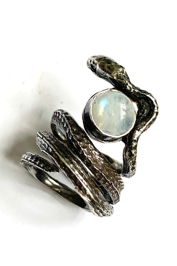 Shop alternative emerging slow fashion jewellery brand Eilisain Medea Moonstone Snake Ring in Sterling Silver and Labrodite at Erebus
