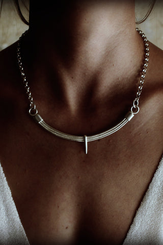 Shop Slow Fashion Artisanal Dark Jewellery Designer Maya Noach Sterling Silver Arc Necklace at Erebus
