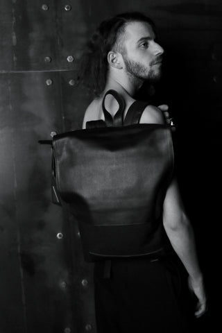Shop emerging slow fashion handbag designer Anoir by Amal Kiran Jana black leather and black cotton canvas Minimal Backpack - Erebus