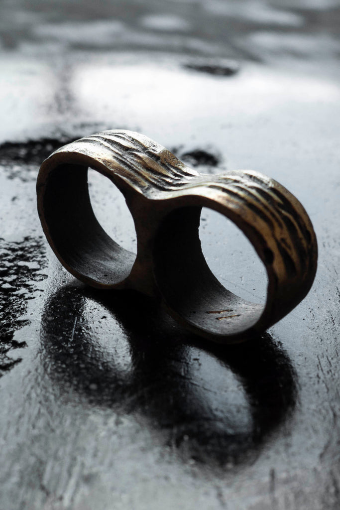 Shop Emerging Slow Fashion Avant-garde Jewellery Brand Surface Cast Blackened Bronze Incise Double Ring at Erebus