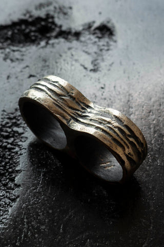 Shop Emerging Slow Fashion Avant-garde Jewellery Brand Surface Cast Blackened Bronze Incise Double Ring at Erebus