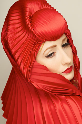 Shop emerging slow fashion milliner Valeria Agostini red Isra pleated veil - Erebus