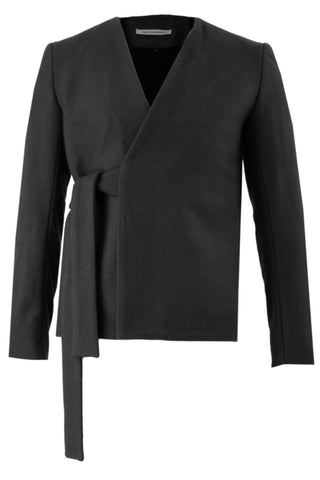 Shop Emerging Slow Fashion Avant-garde Menswear Designer Marco Scaiano Black Wool Efrahim Wrap Jacket at Erebus