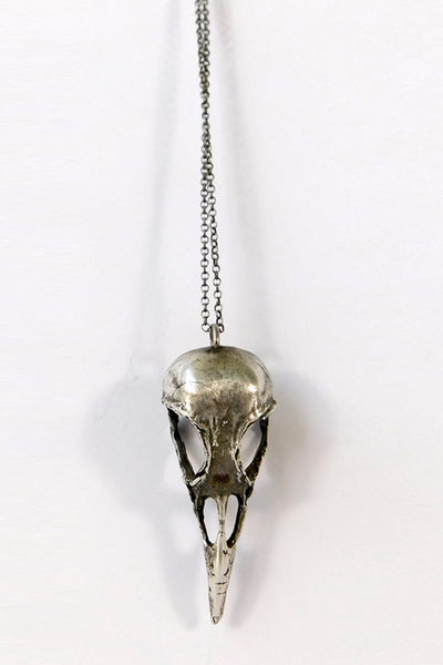 Shop Emerging Slow Fashion Conscious Designer Stacy Hopkins Jewelry Silver Blue Jay Skull Pendant Necklace at Erebus