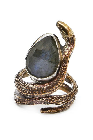 Shop alternative emerging slow fashion jewellery brand Eilisain Medea Gemstone Snake Ring in Bronze and Labrodite at Erebus