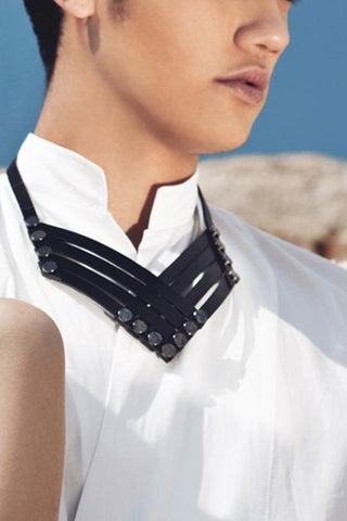 Shop emerging slow fashion accessory brand Aumorfia black leather VX necklace - Erebus - 7