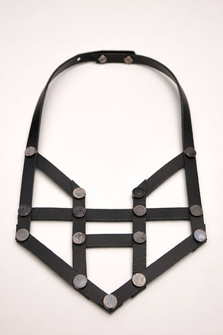 Shop emerging slow fashion accessory brand Aumorfia black leather VU necklace - Erebus