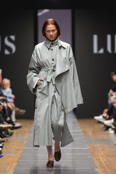 Shop Emerging Slow Fashion Genderless Brand Ludus Post-Gender AW22 Collection Grey Cotton Unisex Asymmetric Twill Coat at Erebus