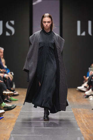 Shop Emerging Slow Fashion Genderless Brand Ludus Post-Gender AW22 Collection Dark Grey Wool Unisex Oversized Shawl Coat at Erebus