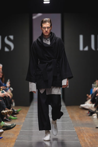Shop Emerging Slow Fashion Genderless Brand Ludus Post-Gender AW22 Collection Black Wool Unisex Oversized Shawl Jacket at Erebus