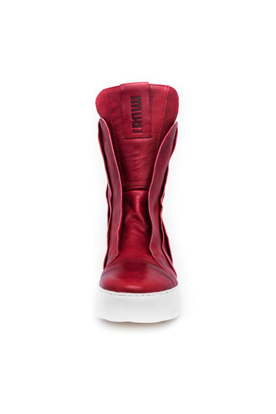 Shop emerging slow fashion unisex shoe brand EZ Lab Sneakers red on white Panelled High-Top Foulonné Leather Sneakers - Erebus