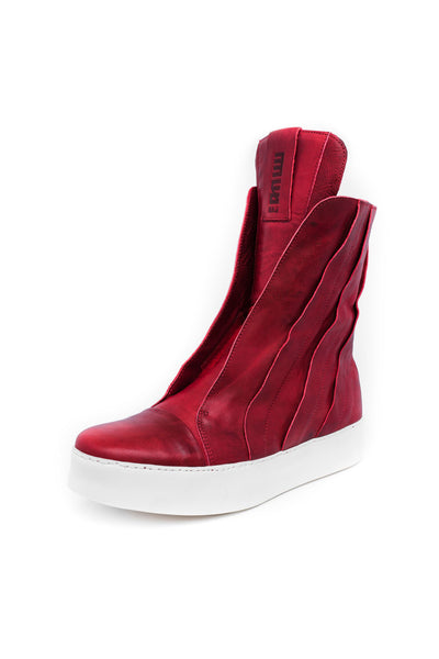 Shop emerging slow fashion unisex shoe brand EZ Lab Sneakers red on white Panelled High-Top Foulonné Leather Sneakers - Erebus