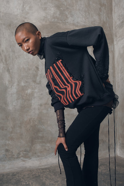 Shop Emerging Slow Fashion Genderless Alternative Avant-garde Designer Mark Baigent Wōlfin Collection Black with Salmon Print GIAL Deluxe Sweater at Erebus