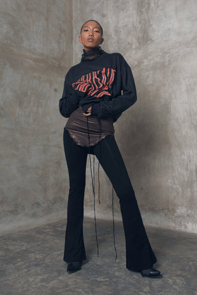 Shop Emerging Slow Fashion Genderless Alternative Avant-garde Designer Mark Baigent Wōlfin Collection Black Aro Flare Pants at Erebus
