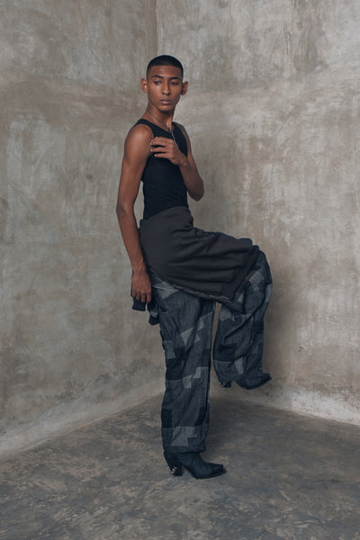 Shop Emerging Slow Fashion Genderless Alternative Avant-garde Designer Mark Baigent Wōlfin Collection Indigo Patchwork Xem Wide Leg Pants at Erebus