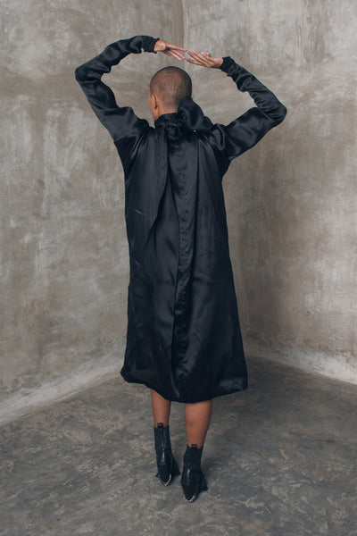 Shop Emerging Slow Fashion Genderless Alternative Avant-garde Designer Mark Baigent Wōlfin Collection Black Silk Ally Dress at Erebus