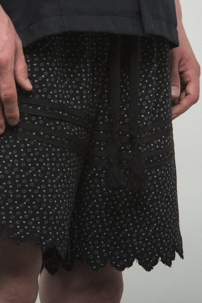 Shop Conscious Contemporary Menswear Brand Zsigmond Kudus SS23 Collection Black Up-cycled Vintage Fabric REMADE Marikó Shorts at Erebus
