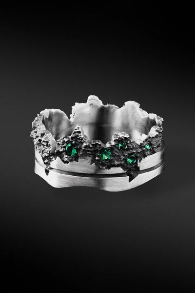 Shop Artisan Jewellery Brand Helios Sterling Silver with Green Cubic Zirconia Mountain Ring at Erebus