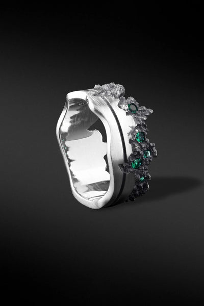 Shop Artisan Jewellery Brand Helios Sterling Silver with Green Cubic Zirconia Mountain Ring at Erebus