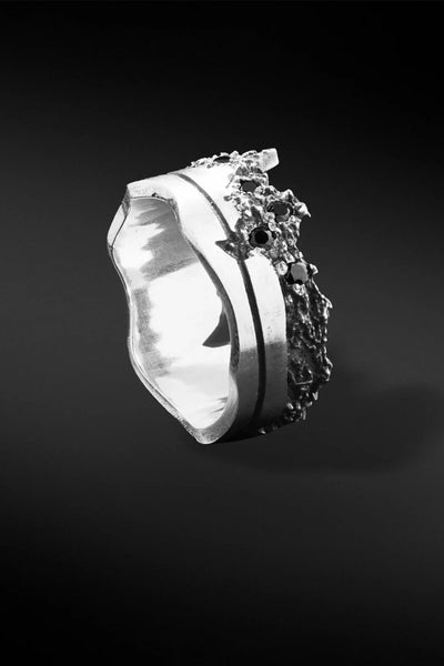 Shop Artisan Jewellery Brand Helios Sterling Silver with Black Cubic Zirconia Mountain Ring at Erebus