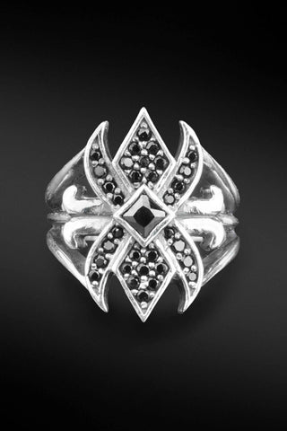 Shop Artisan Jewellery Brand Helios Sterling Silver with Black Cubic Zirconia Mystery Lotus Ring at Erebus