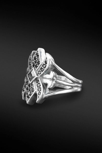 Shop Artisan Jewellery Brand Helios Sterling Silver with Black Cubic Zirconia Mystery Lotus Ring at Erebus