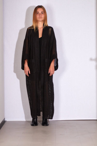 Shop Emerging Dark Luxury Avant-garde Designer Pavlina Jauss SS21 Space Collection Black Silk Semi Sheer Neptune Maxi Cardigan Coat at Erebus