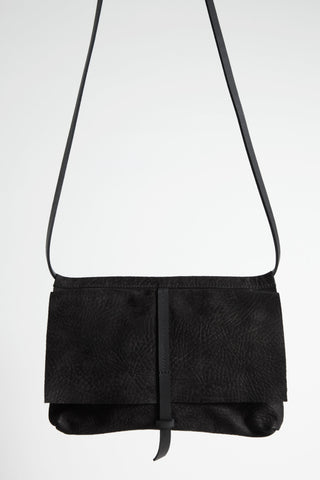 Shop Emerging Conscious Avant-garde Designer Brand MDK Miranda Kaloudis Black Nubuck Leather Orion Messenger Bag at Erebus