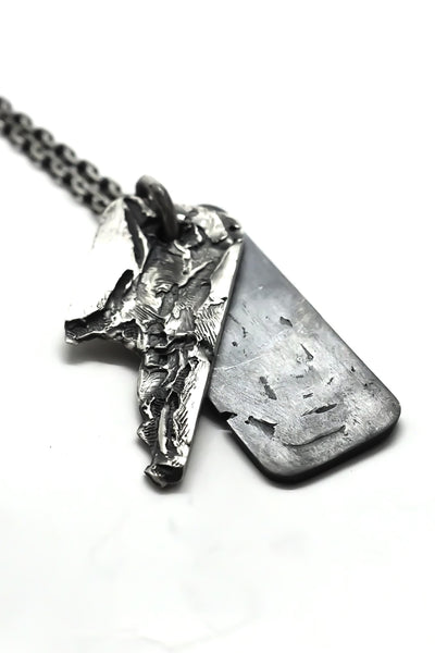 Shop Emerging Slow Fashion Avant-garde Jewellery Brand OSS Haus Constant Evolution Collection Oxidised Sterling Silver Dual Dog tag Style Pendant Pegaso Necklace at Erebus