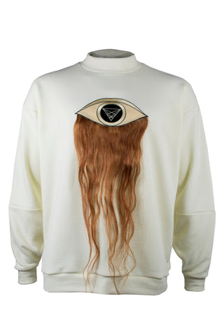 Shop Emerging Slow Fashion Avant-garde Menswear Designer Marco Scaiano Cream Cotton With Human Hair Thor-eye Pullover at Erebus