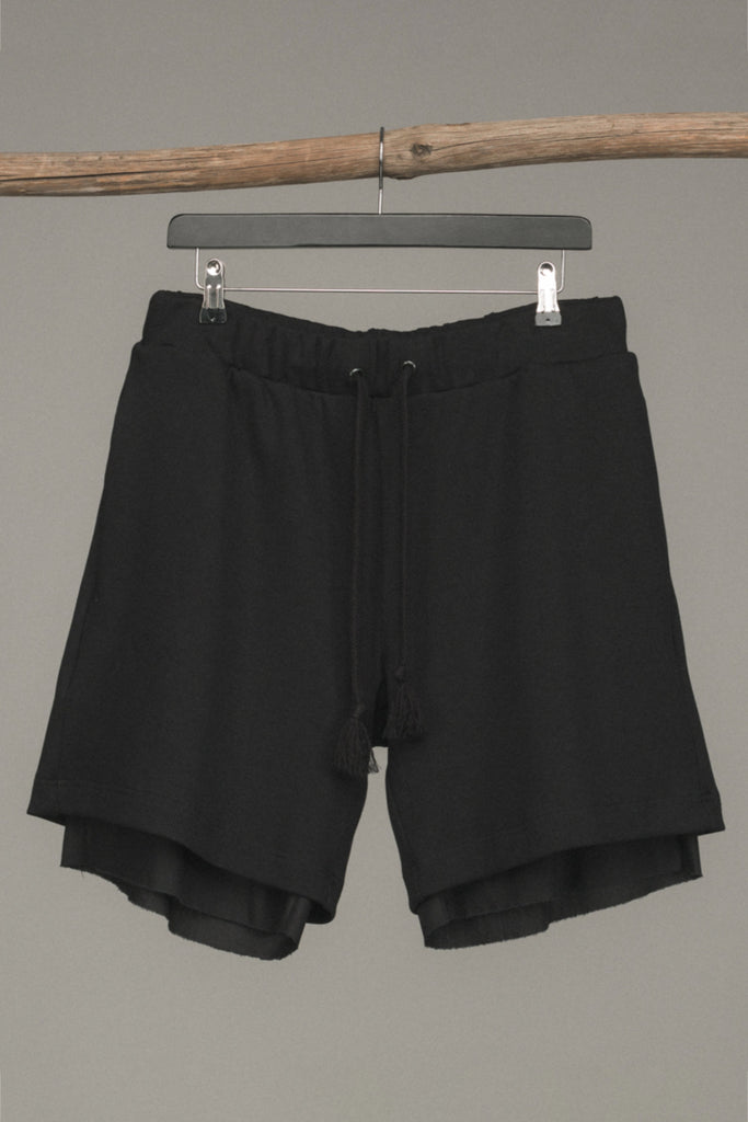 Shop Conscious Contemporary Menswear Brand Zsigmond Kudus SS23 Collection Black Stretch Cotton Layered Ravó Shorts at Erebus