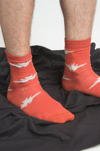 Shop Conscious Contemporary Menswear Brand Zsigmond Kudus SS23 Collection Red Orange Logo Red Pepper Socks at Erebus