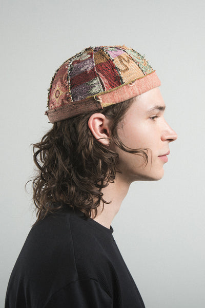 Shop Conscious Contemporary Menswear Brand Zsigmond Kudus SS23 Collection Up-cycled Vintage Fabric REMADE Brimless Kudus Hat at Erebus