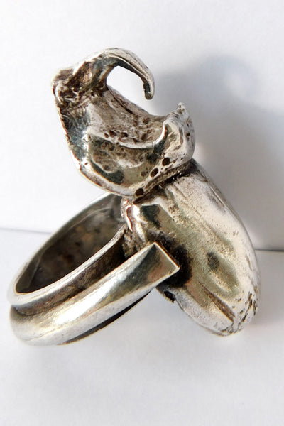 Shop Emerging Slow Fashion Conscious Designer Stacy Hopkins Jewelry Silver Rhinoceros Beetle Ring at Erebus