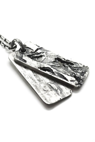Shop Emerging Slow Fashion Avant-garde Jewellery Brand OSS Haus Constant Evolution Collection Oxidised Sterling Silver Dual Dog tag Style Pendant Sculptor Necklace at Erebus