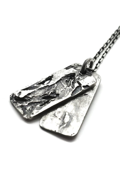 Shop Emerging Slow Fashion Avant-garde Jewellery Brand OSS Haus Constant Evolution Collection Oxidised Sterling Silver Dual Dog tag Style Pendant Sculptor Necklace at Erebus