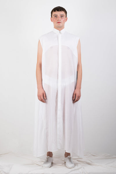 Shop Emerging Slow Fashion Genderless Brand Ludus Agender Brand Requiem Collection White Cotton Silk Blend Elongated Sleeveless Shirt / Dress at Erebus