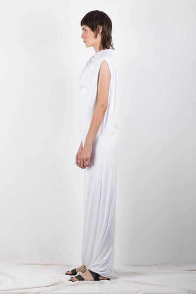 Shop Emerging Slow Fashion Genderless Brand Ludus Agender Brand Requiem Collection White Jersey Draped Maxi Dress at Erebus